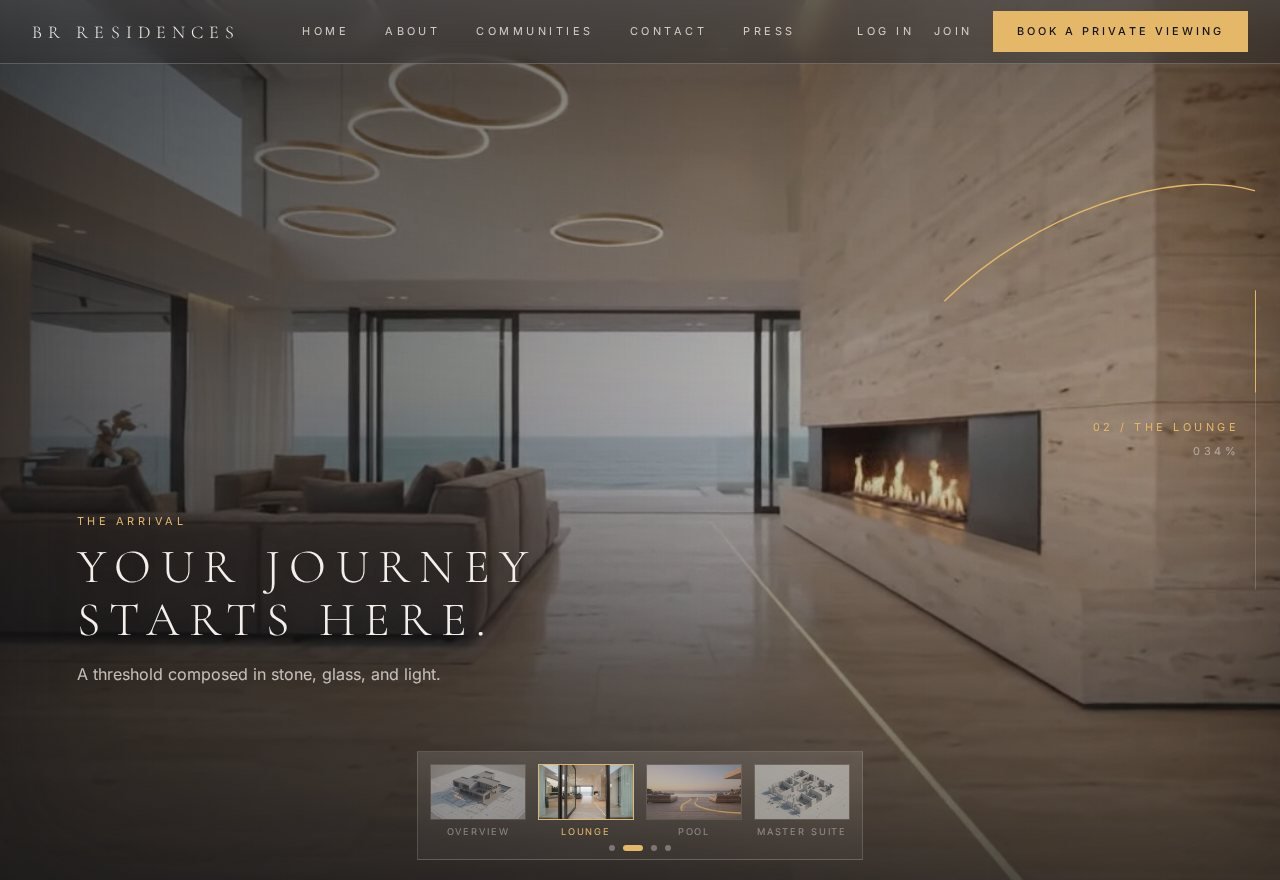 The double-height living room with a linear fireplace