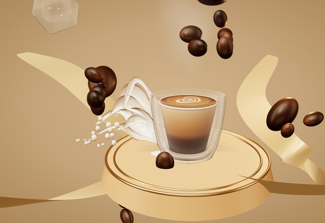 Ice falling around a latte on a podium